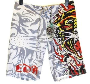 Bnwt Authentic Men's Ed Hardy Board Swim Surf Shorts Burning Tiger New White New - Picture 1 of 4