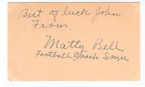 Matty Bell SMU Coach Vintage 1949 signed 3x5 Government Postcard GPC JSA COA - Picture 1 of 3