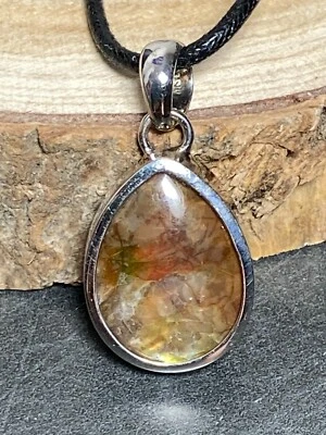 Anhänger Ammolith Cabochon Tropfen bunt, 3,3cm, platiniert Silber (925) - Bild 1 von 4