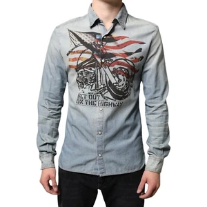 GALLIANO Shirt Light Blue Printed Cotton Denim Long Sleeves 38/US15/XS 400usd - Picture 1 of 9