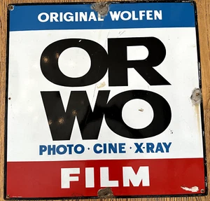VECCHIA INSEGNA SMALTATA PORCELLANA VINTAGE LUPO ORWO CINEMA FOTO FILM RADIOGRAFIA GERMANIA 1940 - Foto 1 di 3