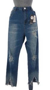Boohoo Jeans Blue Faded Pearl Embellished Ripped Crop Hi Waist Plus Size UK 22 - Picture 1 of 14