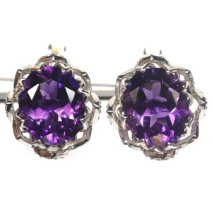 Gema 9 x 11 Mm. Amatista Violeta Pendientes 925 Plata Bañado en Oro Blanco - Imagen 1 de 4