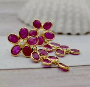 18K Solid Yellow Gold Natural Ruby Flower Diamond Fine Earrings Dangle Drop - Picture 1 of 10