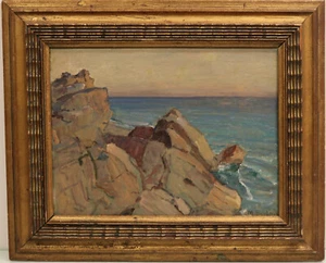 Ölgemälde Epoche auf Tafel signiert M . Bertola - Felsen am Meer - Bild 1 von 2