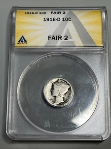 1916-D Mercury Dime ANACS FR2 KEY DATE 10C Not Cleaned. - Picture 1 of 7