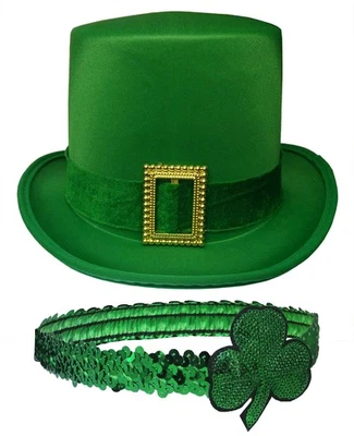 Conjunto de diadema trébol lentejuelas sombrero de copa verde duende de San Patricio para parejas Foto 1 de 4
