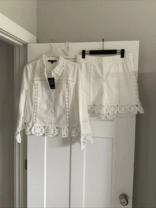 Boston Proper White Cotton Crochet Long Sleeve Jacket and Short Set MEDIUM NWT - Picture 1 of 4