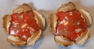Pendientes de Clip Vintage JUDY LEE Naranja Confeti Lucita Tono Dorado Hoja Borde - Imagen 1 de 4