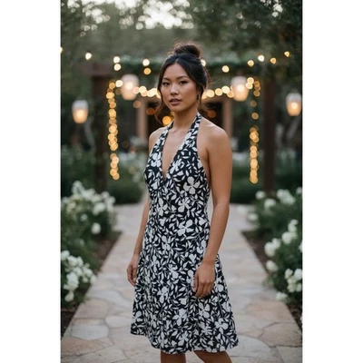 Vestido Halter Kay Unger Blanco y Negro Floral Con Cuentas - Talla 12 - Elegante Línea A 🌺 Foto 1 de 4