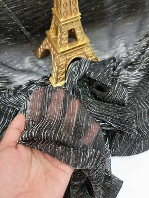 Fabric Sold By The Yard Black and Silver Mesh Pleated Stretch Fashion Fabric  - Image 1 of 4