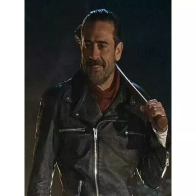 Chaqueta de motociclista de cuero real negra inspirada en Negan Walking Dead para hombre Foto 1 de 4