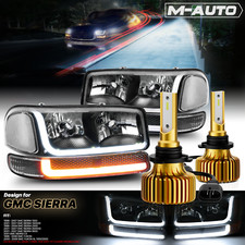 [LED LIGHT BAR]Black Headlight+Switchback Bumper 6500K Bulb for 1999-2006 Sierra
