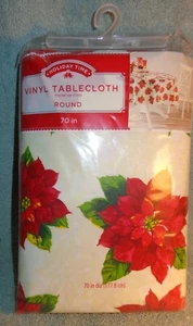 NEW PACKAGE HOLIDAY TIME CHRISTMAS ROUND VINYL TABLECLOTH 70" MULTI- POINSETTIA - Picture 1 of 2