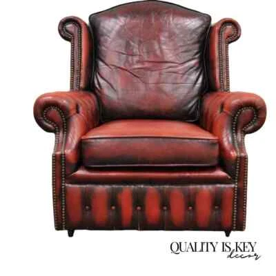 Винтажный английский Chesterfield стиль свернутый руки красный кожаный клуб шезлонг стул - Изображение 1 из 4