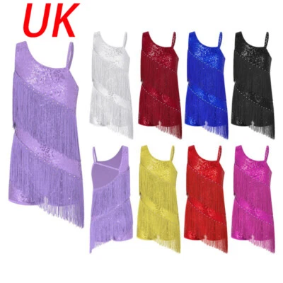 UK Girls Shiny Sequins Fringe Tassel Leotard Dress Tango Ballroom Dance Costume - Image 1 of 3