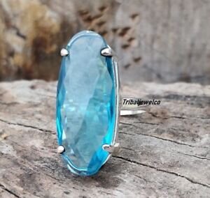 925 Sterling Silver Faceted Blue Topaz Quartz Ring Handmade Jewelry Gift for Her