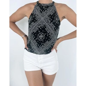 Mudd Paisley Black Halter Neck Sleeveless Tank Top Size Large - Picture 1 of 3