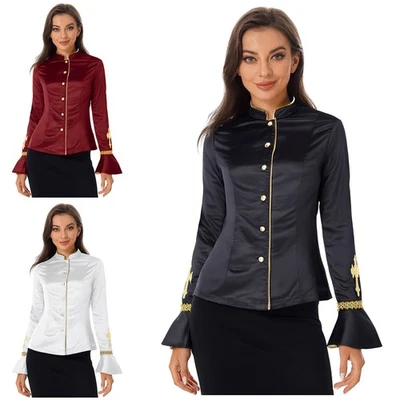 Womens Church Clergy Shirt Long Flared Sleeve Button Up Blouse Halloween Party - Image 1 of 4