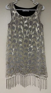 SILK Metallic Rancho Estancia Western Womens S Gold White Rainbow Fringe Blouse - Picture 1 of 11