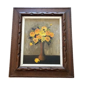 Vintage Original Painting- Yellow Orange Roses Vase - framed - unknown artist - Picture 1 of 10