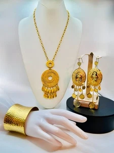 Egyptian Revival Impressive 3PC Gold Pendant Cuff Bracelet Dangle Puff Earrings - Picture 1 of 24