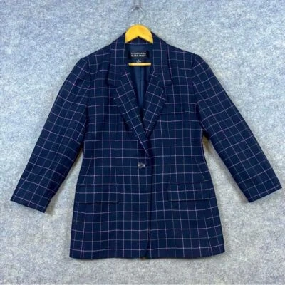 Linda Allard Ellen Tracy Wool Cashmere Blazer Size 8 Blue Pink Plaid Windowpane - Image 1 of 4