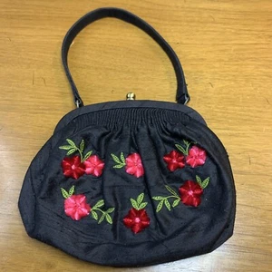 Talbots Handbag Evening Party Black Embroidered Both Sides Silk 7 Inch - Picture 1 of 9