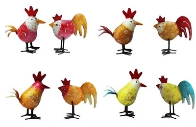 frühlingshaftes kleines buntes Deko-Huhn und Deko-Hahn Metall bemalt im 2er Set - Bild 1 von 4