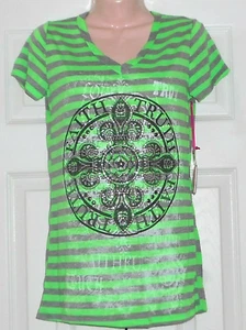 NEW! KATYDID RHINESTONE GREEN & GRAY V-NECK TEE w/ FAITH & TRUST ~ S / 32" Bust - Picture 1 of 5