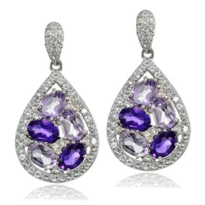 Simulated 23.60 TCW Oval Amethyst & Round Sapphire Cluster Teardrop Earrings - Picture 1 of 6