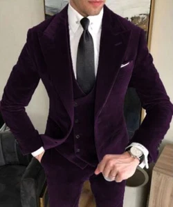 Velvet Men Suit Leisure Jacket Pant Vest Peak Lapel Formal Wedding Groom Tuxedo - Picture 1 of 19