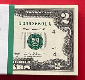 2003 A (1) Two Dollar Bill,$2 Note ( CLEVELAND D I ) consecutive ,Uncirculated - Picture 1 of 3