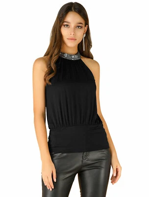 Allegra K Women's Sequins Halter Neck Blouson Tank Tops - Image 1 of 4