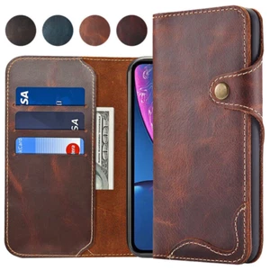 Genuine Cowhide Leather Flip Wallet Card Case Cover For iPhone 16e 15 14 13 12 - Picture 1 of 32