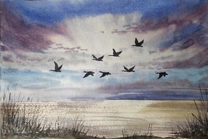 Original Artwork Painting DUCKS FLY Giclee Print Landscape GEESE FLY Wall GiftA4 - Picture 1 of 13