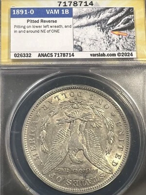 1891 O MORGAN DOLLAR VAM 1B PITTED REVERSE HOT 50 ANACS Au50 Rare Vss👇🏻 - Image 1 of 4
