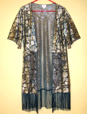 LULAROE Sheer Black Teal & Gold Metallic Fringed Duster  Size S - Image 1 of 4