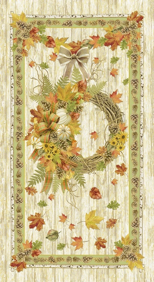 23" Fabric Panel - Timeless Treasures Metallic Fall Wreath & Pinecone Scene - Image 1 of 1