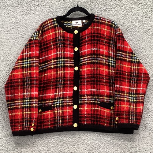 Giacca Maglione Quadri Donna EU46 US14 Tartan Rosso Oro Bottone Moda San Valentino