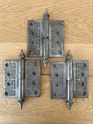 Dobradiça de porta antiga patente 1871 ferro fundido campanário vitoriano topo 4" x 4" CONJUNTO DE 3 - Imagem 1 de 4