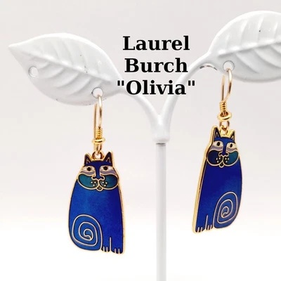 Vintage Laurel Burch Olivia Blue Cat Earrings Gold Plated - Image 1 of 4