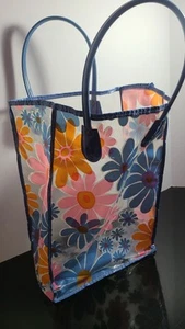 VINTAGE RETRO 1960'S-70'S VINYL CLEAR TOTE BAG Pink Blue & Orange Flowers 14x9x5 - Picture 1 of 13