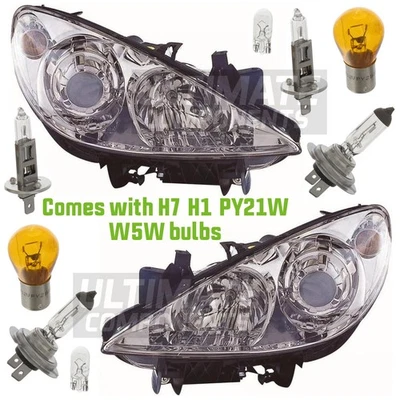 Peugeot 307 Estate 2005-2009 Halogen Headlights Headlamps 1 Pair With Bulbs - Image 1 of 2