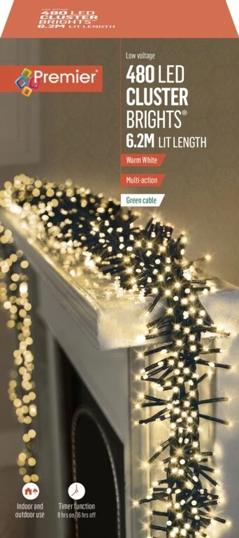 Premier 480 LED Cluster Multi-Action Christmas Tree Lights with Timer WARM WHITE - Image 1 of 1