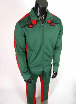 Conjunto de chándal para hombre chaqueta pantalón deportivo $124 bordado rosas rojo rayas WT02 Foto 1 de 4