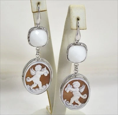 ORECCHINI IN ARGENTO 925 CON AGATA BIANCA E CAMMEO SARDONICO ANGELO AGHT 0438 - Immagine 1 di 3