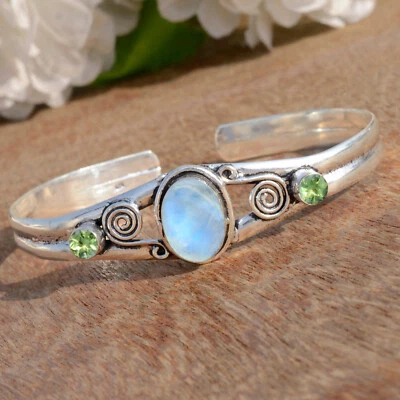 Moonstone Peridot Cut Gemstone 925 Sterling Silver Bangle For Special Person - Image 1 of 4