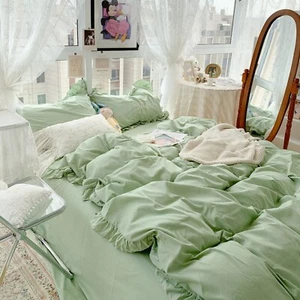 Sage Green 100%Cotton duvet cover Set /Ruffle Duvet Cover Ruffled Bedding cover - Picture 1 of 5