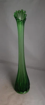 Vintage MCM 15 1/2" Green Ribbed Swung  Glass Vase - Image 1 of 4